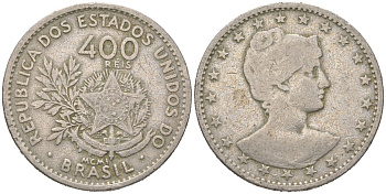 Бразилия 400 реалов 1901 MCMI, голова свободы вправо KM 505 медно-никель 4612-444