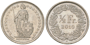 Швейцария 1/2 франка 2010 KM 23a медно-никель UNC 4618-433