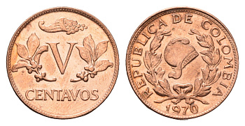 Колумбия 5 сентаво 1970 KM 206a сталь плакированная медью UNC 4643-651