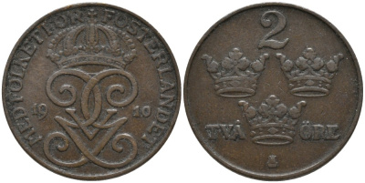 Швеция 2 эре 1910 Густав V (1907-1950) KM 778 бронза 63-1045