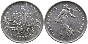 ФРАНЦИЯ 5 ФРАНКОВ 1970 СЕЯТЕЛЬ KM 926a.1, LE FRANC 341.2 медно-никель плакированный никелем 56-723