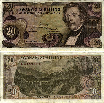АВСТРИЯ 20 ШИЛЛИНГОВ 1967 (1968) 2 ИЮЛЯ 1967, КАРЛ РИТЕР фон ГЕГА Pick 142а бумага 7548-120-2-2