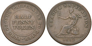 Канада, Новая Шотландия 1/2 пенни 1812 жетон торговли и навигации, рубчатый гурт CCT NS-19A1 медь 1523-341