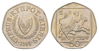 Кипр 50 центов 1998 похищение Европы KM 66 медно-никель 4650-1234
