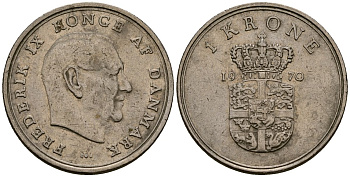 Дания 1 крона 1970 Фредерик IX (1947-1972) KM 852 медно-никель 4176-517