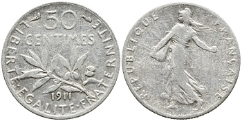ФРАНЦИЯ 50 САНТИМОВ 1911 ТИП СЕЯТЕЛЬ KM 854, LE FRANC 190.18 серебро F 4178-318