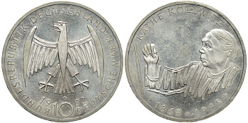 ФРГ 10 марок 1992 G, 125 лет со дня рождения Кете Кольвиц KM 178 серебро 413-4332
