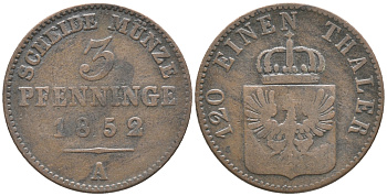 ПРУССИЯ 3 ПФЕННИГА 1852 А, ФРИДРИХ ВИЛЬГЕЛЬМ IV (1840-1861) KM 453 медь 73-1356