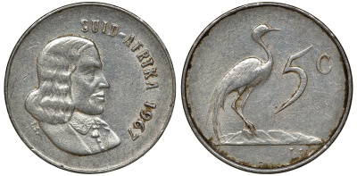 ЮАР 5 ЦЕНТОВ 1967 SUID, ЯН ВАН РИБЕК (1619-1677), ГОЛАНДСКИЙ ИССЛЕДОВАТЕЛЬ , МОРЕПЛАВАТЕЛЬ, ОСНОВАТЕЛЬ Г. КЕЙПТАУНА, РАЙСКИЙ ЖУРАВЛЬ KM 67.2 никель 72-1046