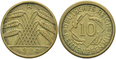 Германия 10 рентенпфеннигов 1924 A KM 33 алюминиевая бронза 4163-753