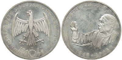 ФРГ 10 марок 1992 G, 125 лет со дня рождения Кете Кольвиц KM 178 серебро 413-4332