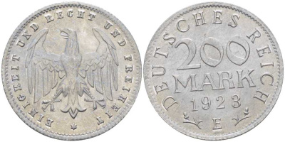 ГЕРМАНИЯ 200 МАРОК 1923 E KM 35, J. 304, Weege 22 алюминий 210-514