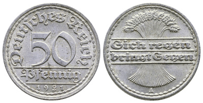 Германия 50 пфеннигов 1921 A KM 27, J.301, Weege 10 алюминий 4380-824