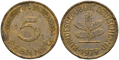 ФРГ 5 пфеннигов 1979 D KM 107, J.382 сталь плакированная латунью 4115-967