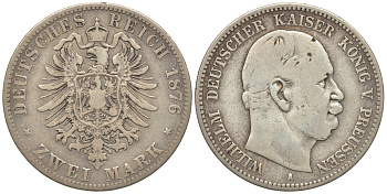 Пруссия 2 марки 1876 A, Вильгельм I (1861-1888) Weege 96, J. 96, KM 506 серебро 413-5534