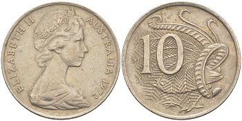 Австралия 10 центов 1972 Елизавета II (1952-), птица лирахвост KM 65 медно-никель 4382-931