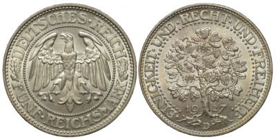 Германия 5 марок 1927 D - Дуб. Единство, справедливость, свобода, цена по каталогу МТ 600 евро J. 331, KM 56 серебро UNC 00-804-08