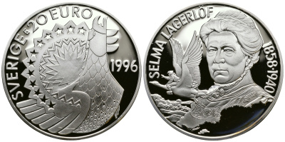Швеция 20 евро 1996 Карл XVI Густав (1973- ), шведская писательница Сельма Лагерлеф (1858-1940) серебро PROOF 11-177-21
