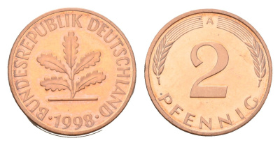 Германия 2 пфеннига 1998 A, в запайке KM 106a, J.381a сталь плакированная медью PROOF 4116-1035
