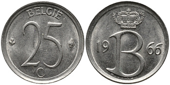 Бельгия 25 сантимов 1966 Belgie, Бодуэн I (1951-1993) KM 154.1 медно-никель 99-353