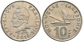 Французская Новая Каледония 10 франков 2016 рыбачья парусная лодка, (IEOM) KM 11a, Schoen 13a, Lec 99k медно-никель 68-343
