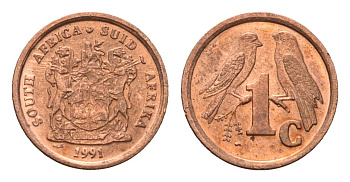ЮАР 1 цент 1991 герб, капские воробьи KM 132 сталь плакированная медью UNC 4690-1262