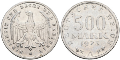 Германия 500 марок 1923 А KM 36, J.305 алюминий 4574-913