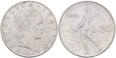 ИТАЛИЯ 50 ЛИР 1961 R, КУЗНЕЦ, ВУЛКАН БОГ ОГНЯ, ДИАМЕТР 25 ММ. KM 95.1 нержавеющая сталь 4448-315