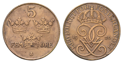 Швеция 2 эре 1920 KM 779.2 бронза 3459-1255