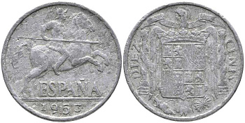 ИСПАНИЯ 10 СЕНТИМО 1953 РЫЦАРЬ НА КОНЕ KM 766 алюминий 110-933