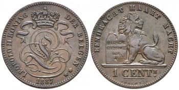 БЕЛЬГИЯ 1 САНТИМ 1887 BELGEN KM 34.1 медь 105-922