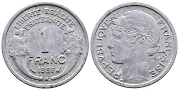 ФРАНЦИЯ 1 ФРАНК 1957 В KM 885а.2 алюминий 51-3841