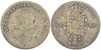 Швеция 1/16 риксдалера 1848 AG, Оскар I (1844-1859) KM 665 (460) серебро 3309-763