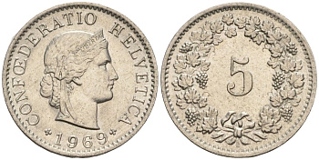 Швейцария 5 раппенов 1969 B KM 26 медно-никель 4608-459