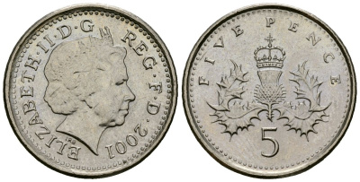 Великобритания 5 пенсов 2001 Елизавета II (1952-2022) KM 988, Spink 4670 (D5) медно-никель 4173-764