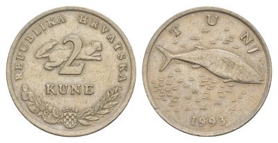Хорватия 2 куны 1993 тунец, легенда на хорватском KM 10 медь цинк нкиель 4650-737