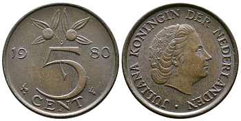 Нидерланды 5 центов 1980 Юлиана (1948-1980) KM 181 бронза 4175-752
