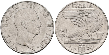 ИТАЛИЯ 50 ЧЕНТЕЗИМО 1941 R, ГОД XIX, ВИКТОР ЭММАНУИЛ III (1900-1946) KM 76b, VEM3. 1063 нержавеющая сталь 3853-346