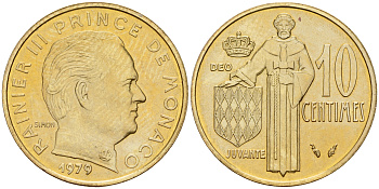 Монако 10 сантимов 1979 Ренье III (1949-2005) KM 142 алюминиевая бронза 4189-241