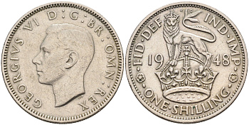 Великобритания 1 шиллинг 1948 Георг VI (1936-1952), Английский герб KM 863, Spink 4105 медно-никель 4591-652