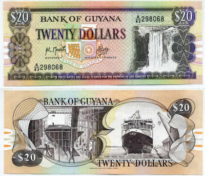 Гайана 20 долларов ND (1989) водопад Кайетур, судостроение, паромное судно "Малали"  Pick 27 (2) бумага UNC (пресс) 6301-6-2
