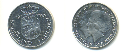 Нидерланды 1 гульден 1980 на коронацию Беатрикс, 30 апреля 1980 KM 200 никель 83-822