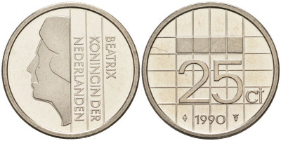 Нидерланды 25 центов 1990 Беатрикс (1980-2013) KM 204 никель UNC 4588-916