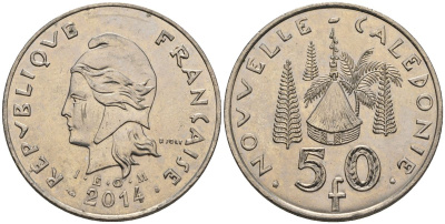 Французская Новая Каледония 50 франков 2014 хижина среди сосен и пальм, (IEOM) KM 13a, Schoen 15a, Lec 128i медно-никель 4111-1124