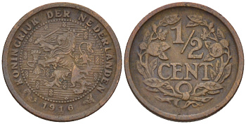 НИДЕРЛАНДЫ 1/2 ЦЕНТА 1916 ВИЛЬГЕЛЬМИНА (1890-1948) KM 138 бронза 39-169