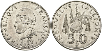 Французская Новая Каледония 50 франков 2003 хижина среди сосен и пальм, (IEOM) KM 13, Schoen 15, Lec 121 никель 111-842