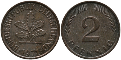 ФРГ 2 пфеннига 1971 J KM 106а, J.381а сталь плакированная медью 99-213