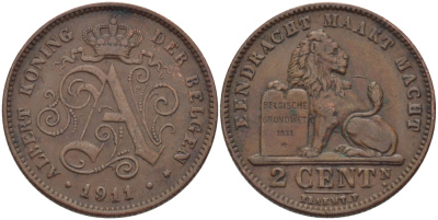 БЕЛЬГИЯ 2 САНТИМА 1911 BELGEN KM 65 медь 28-233