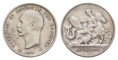 Греция 1 драхма 1910 Георг I (1863-1913) KM 60 серебро 4654-1253