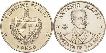 Куба 1 песо 1977 Антонио Масео (1845-1896) KM 189 медно-никель UNC 1526-145